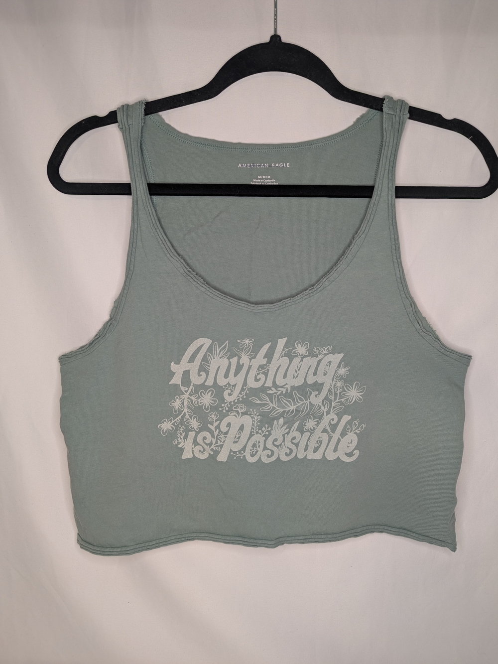 American Eagle Outfitters Sage Green Graphic Crop Tank - White Floral Script